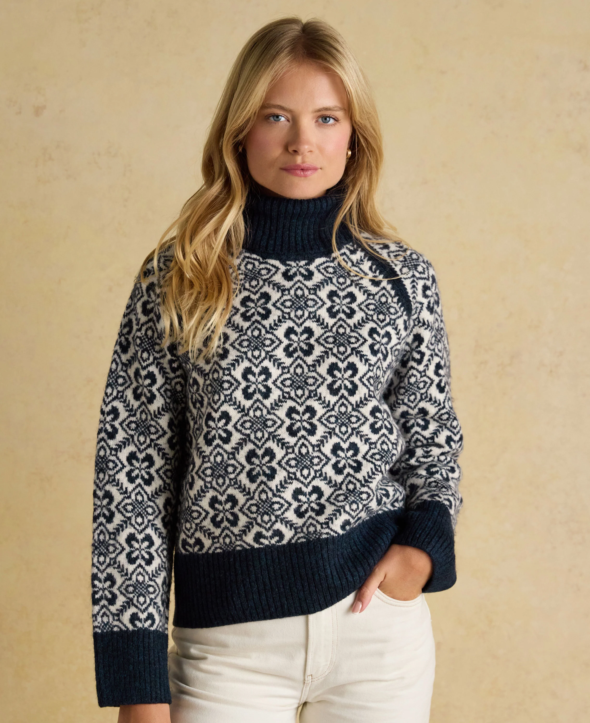 Addison Patterned Knitted Jumper with Detachable Roll Neck - Cream/Navy - Image 2