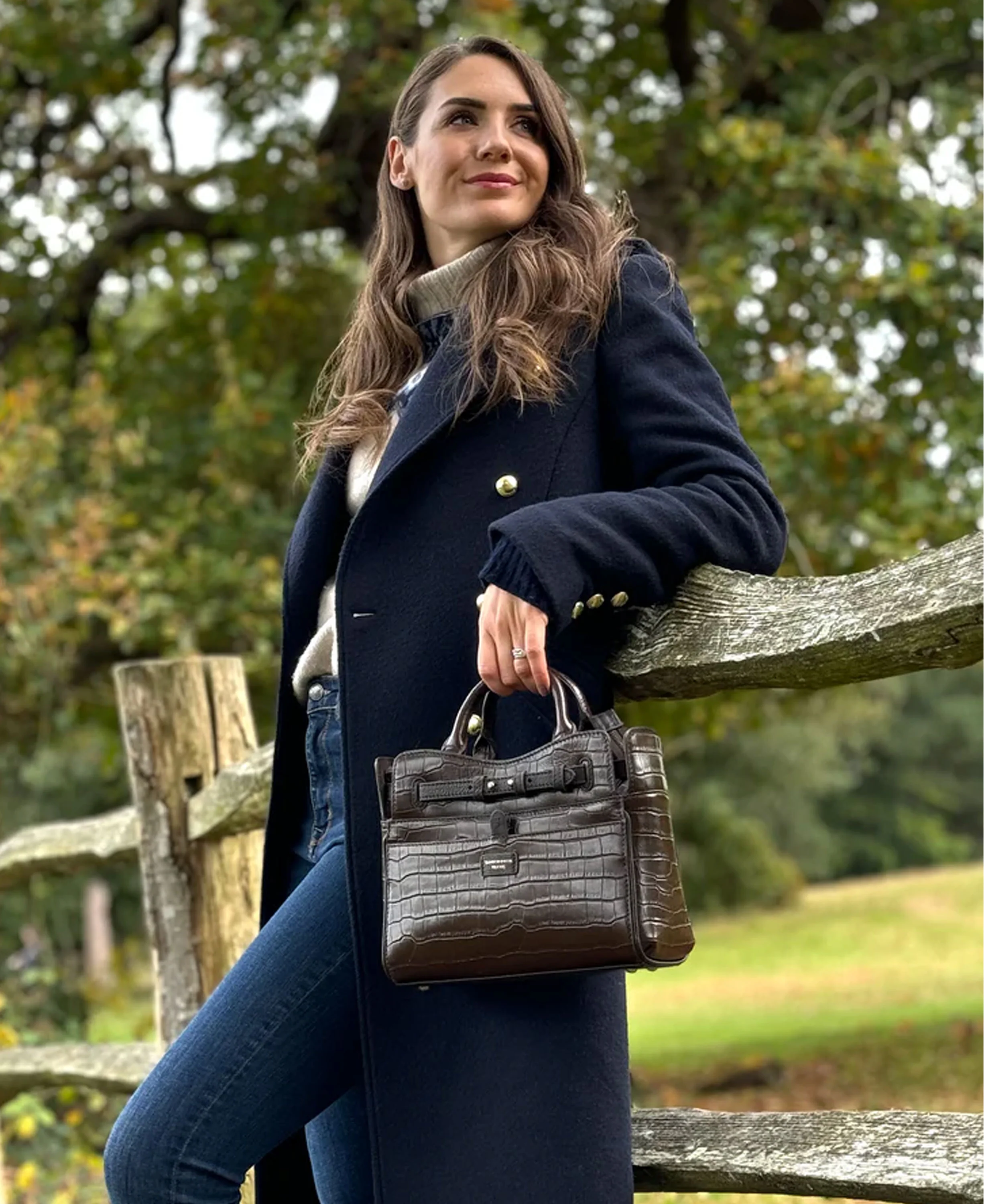Ambridge Leather Handheld Bag w/Shoulder Strap - Chocolate Leather Croc - Image 3