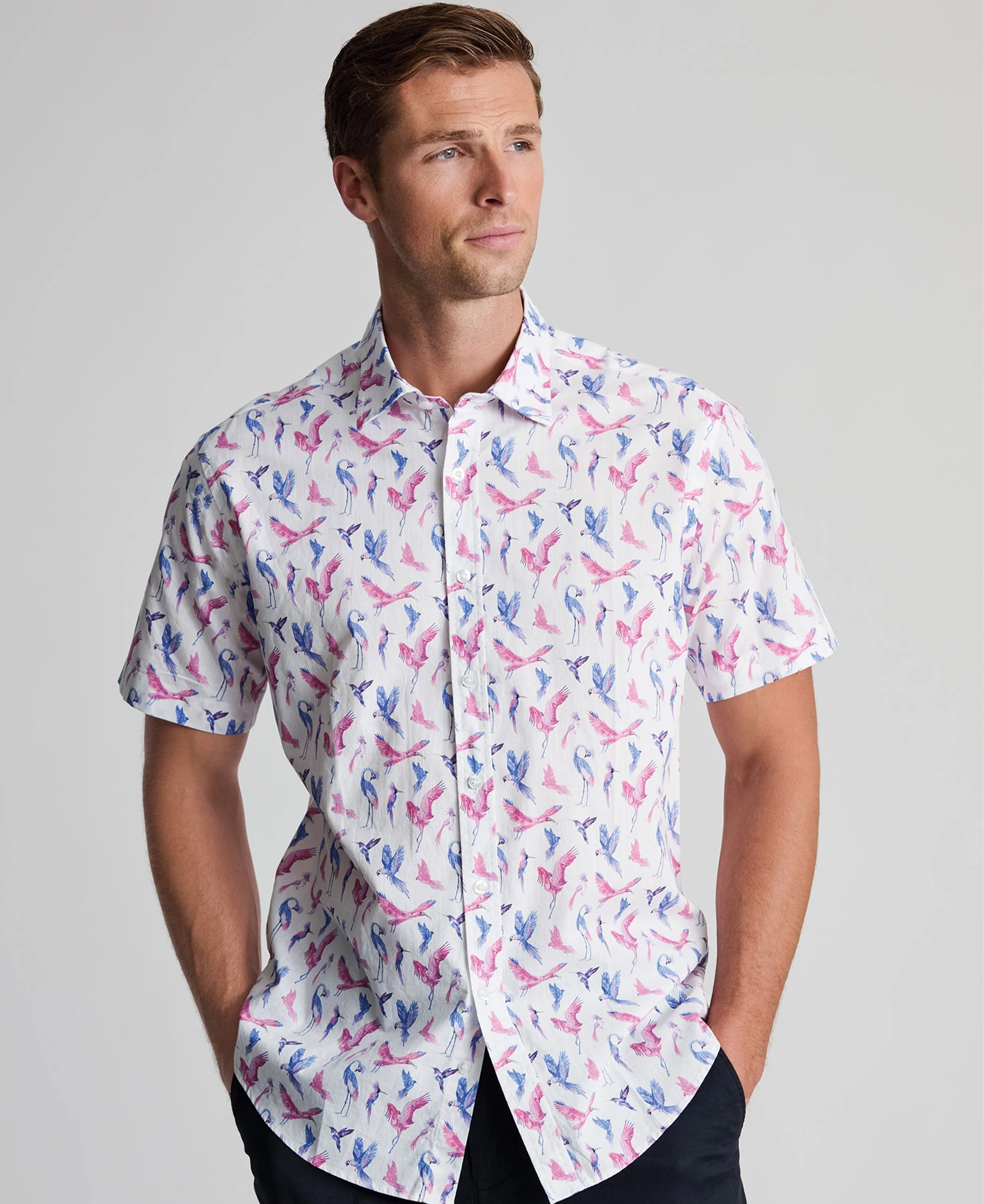 Bird Print Short Sleeve Shirt Regular Fit - Pink - Image 2