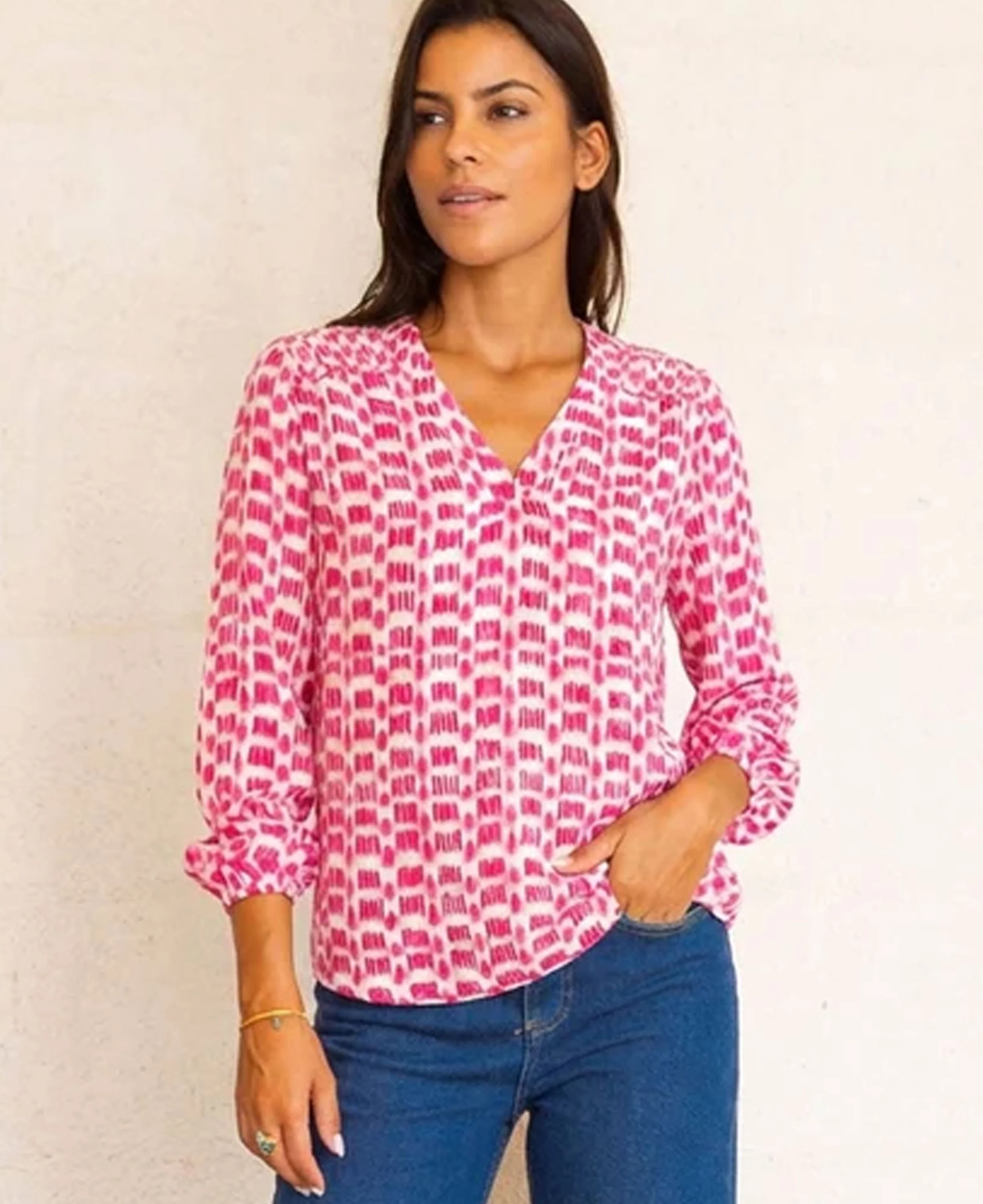 Clea Viscose Crinkle Blouse - White/Pink Ikat - Image 2