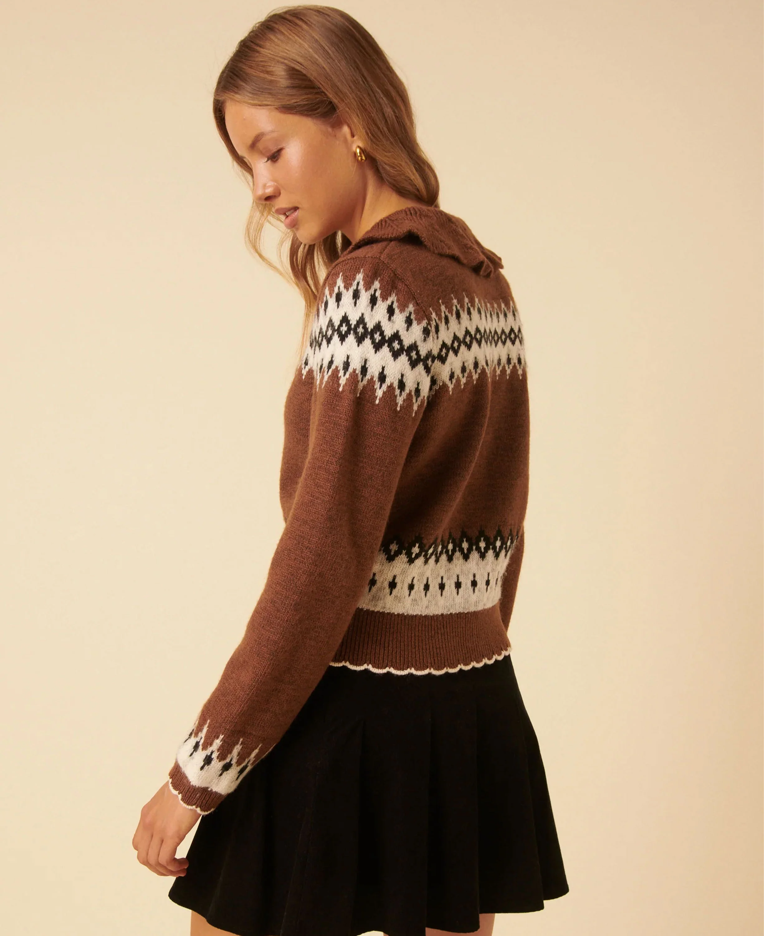 Fairisle Collared Cardigan - Brown - Image 3