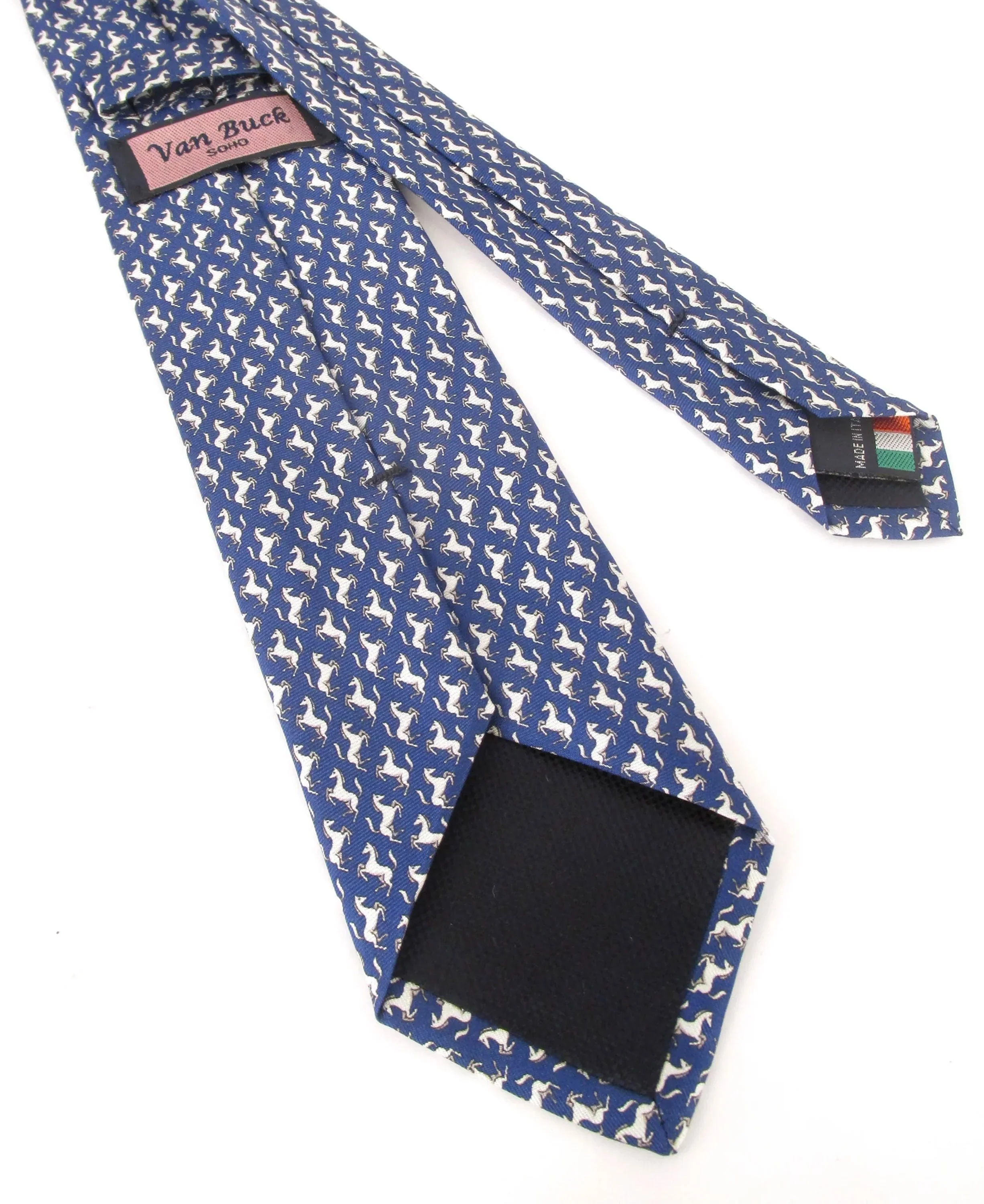 Italian Printed Silk Tie - Navy Horse - Image 3
