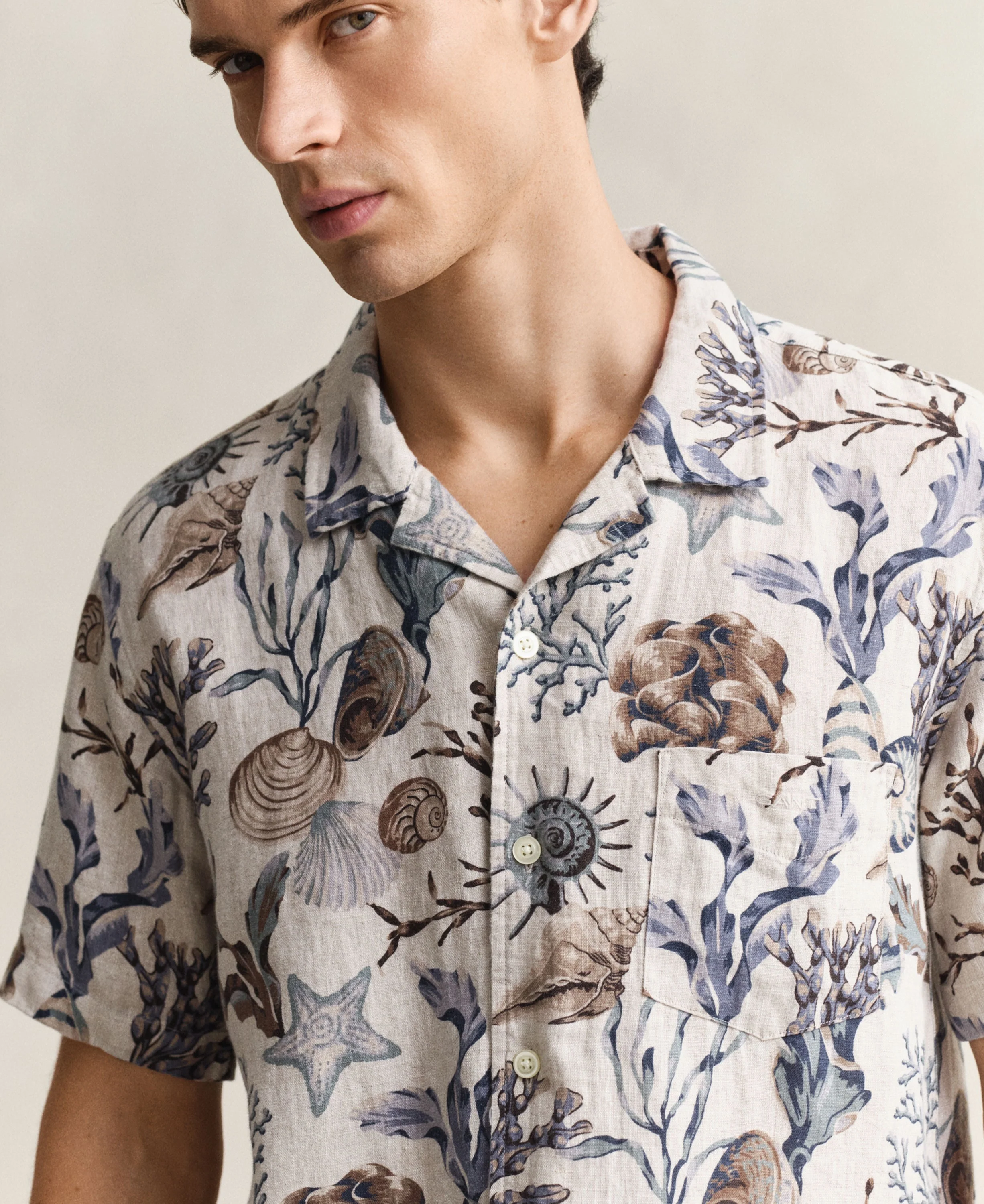 Regular All Over Print Camp Collar Shirt - Oat Beige - Image 4