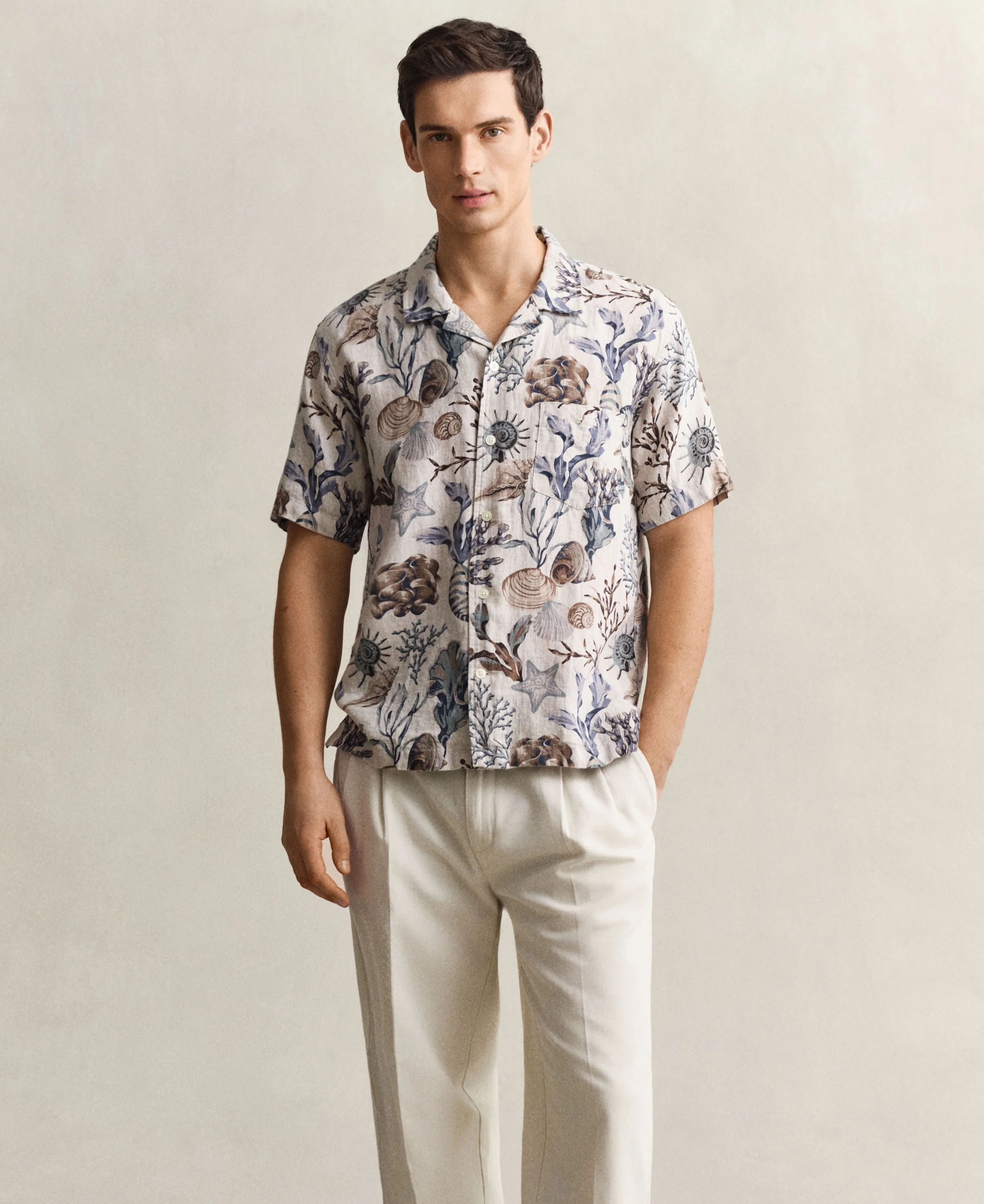 Regular All Over Print Camp Collar Shirt - Oat Beige - Image 5