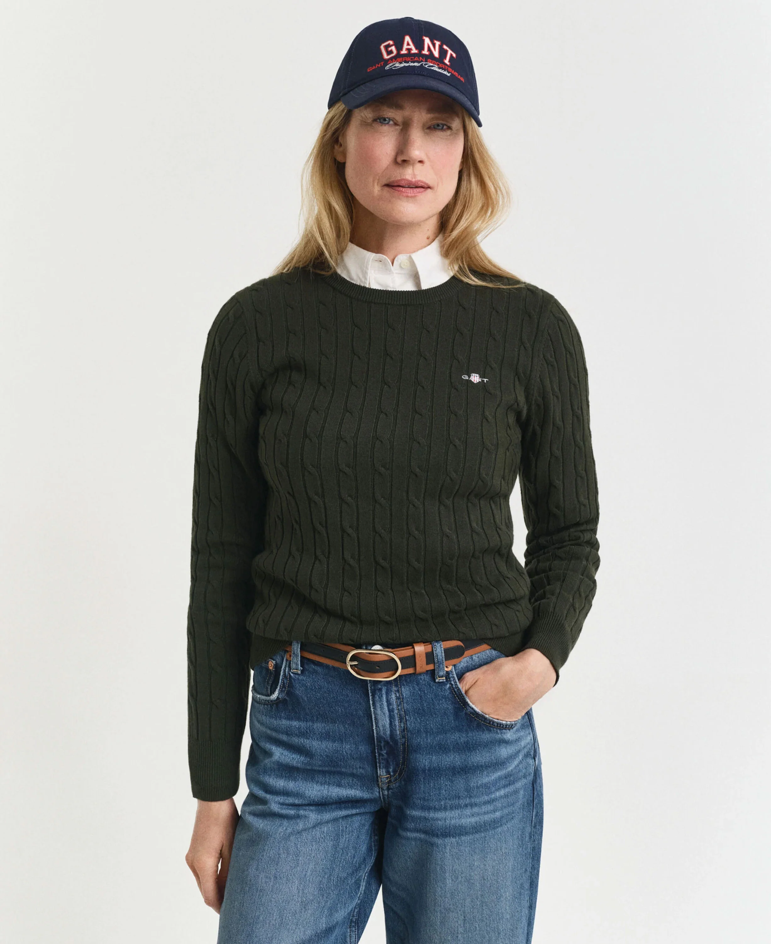 Stretch Cotton Cable Crew Neck Jumper - Dark Moss Green - Image 2