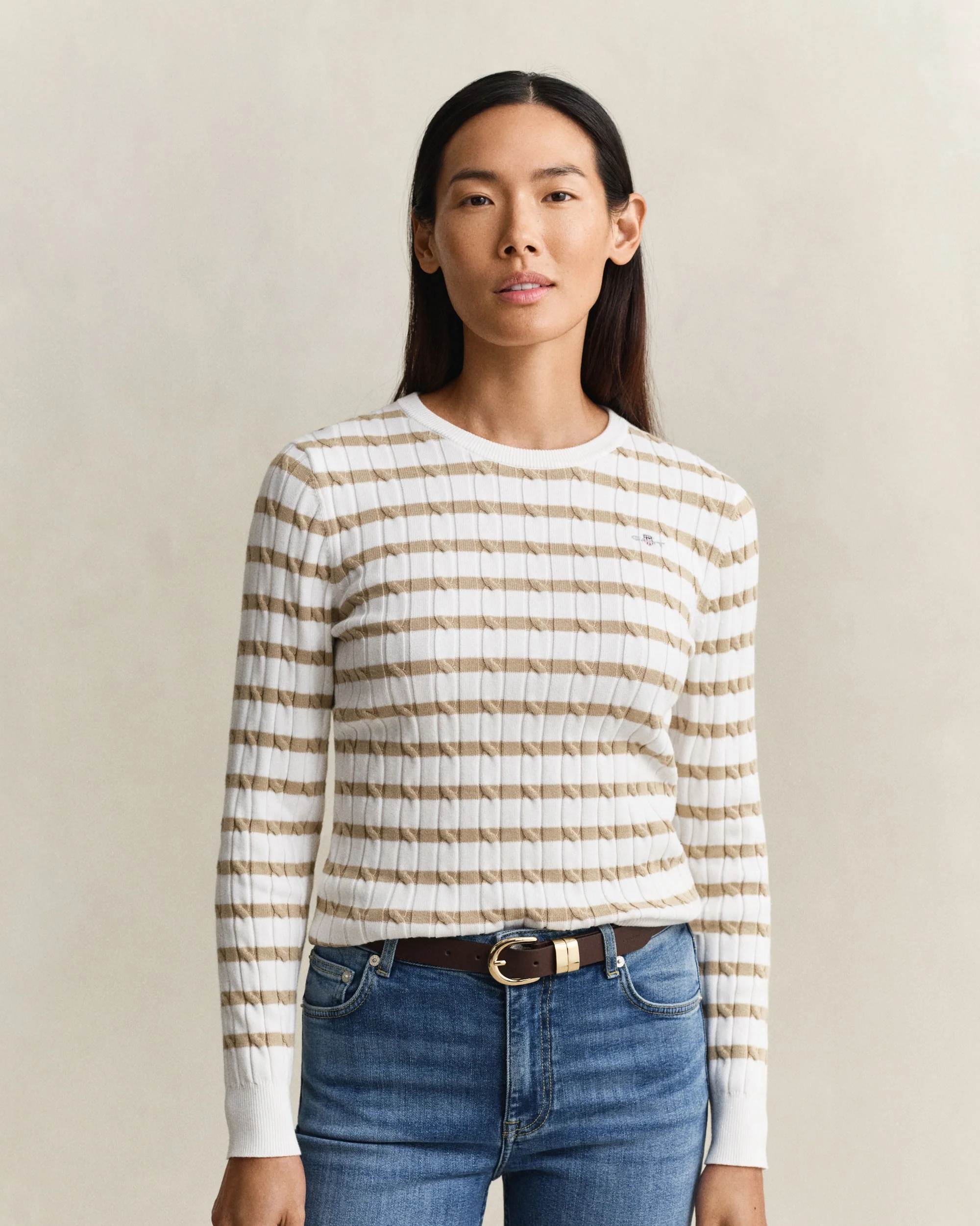 Stretch Cotton Cable Stripe Crew Neck Sweater - Oat Beige - Image 2