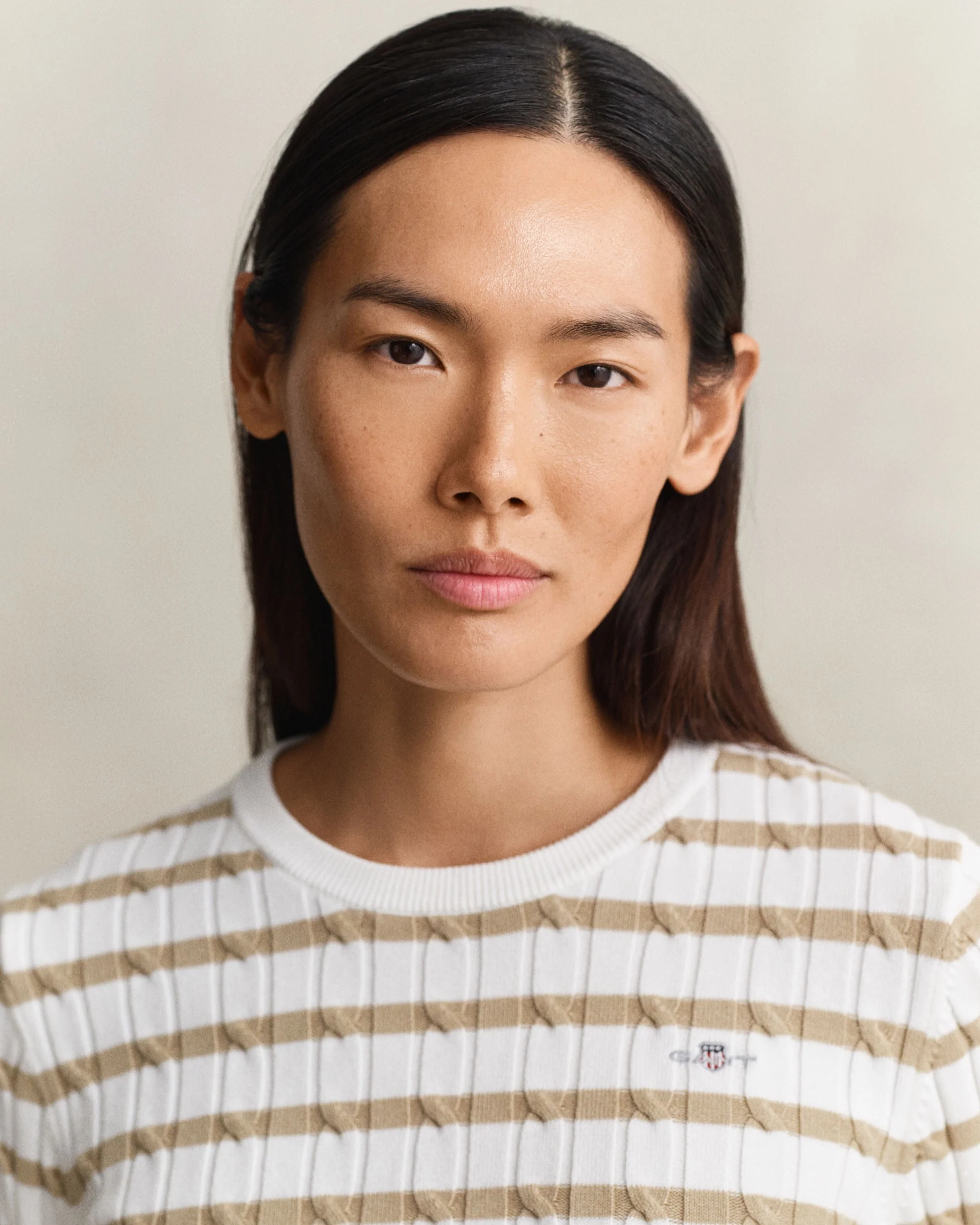 Stretch Cotton Cable Stripe Crew Neck Sweater - Oat Beige - Image 4
