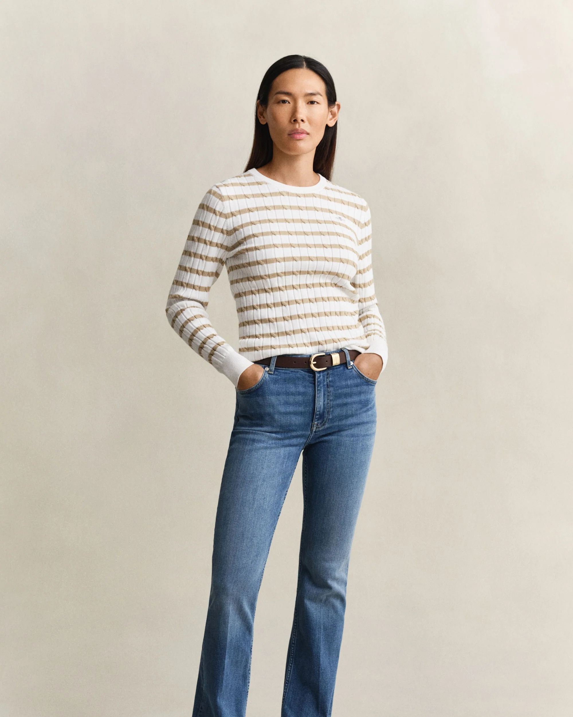 Stretch Cotton Cable Stripe Crew Neck Sweater - Oat Beige - Image 5